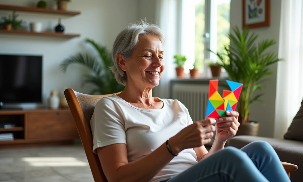 Mulher relaxando com Tangram.