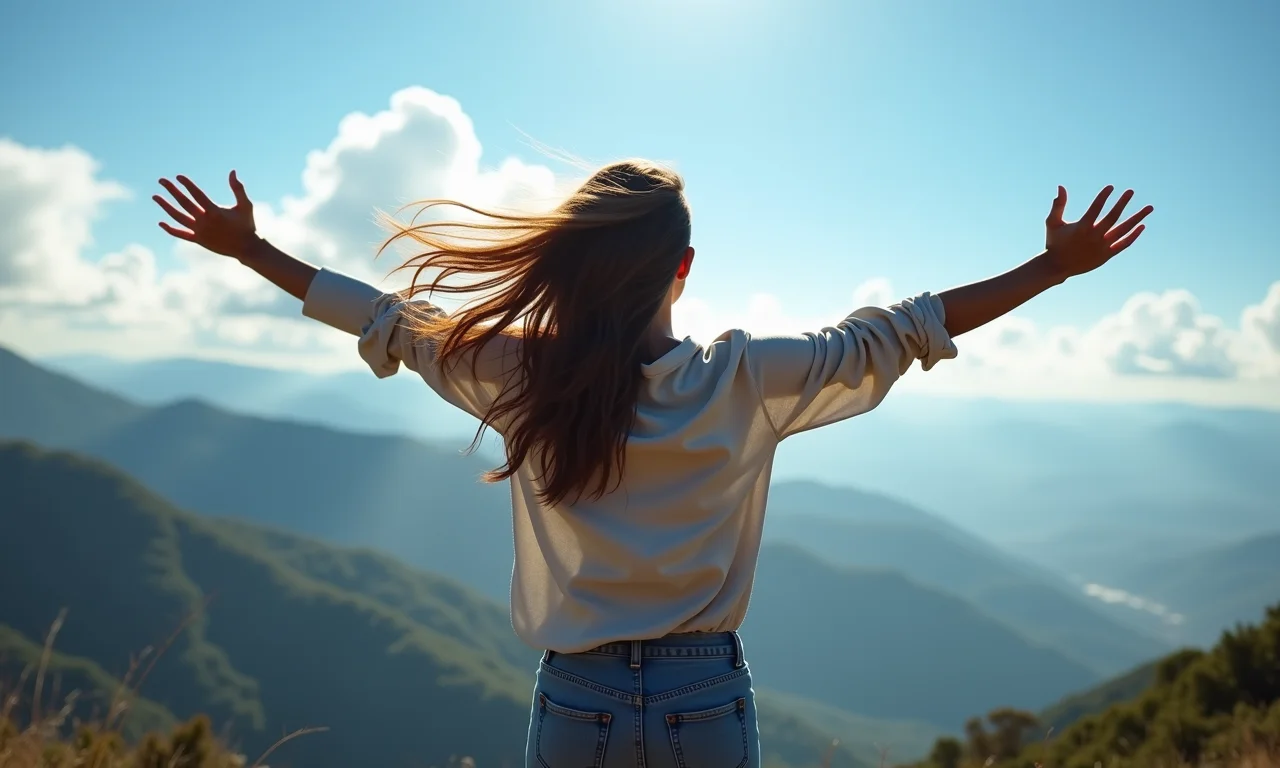 Mulher respirando ar puro no topo da montanha em Minas Gerais.