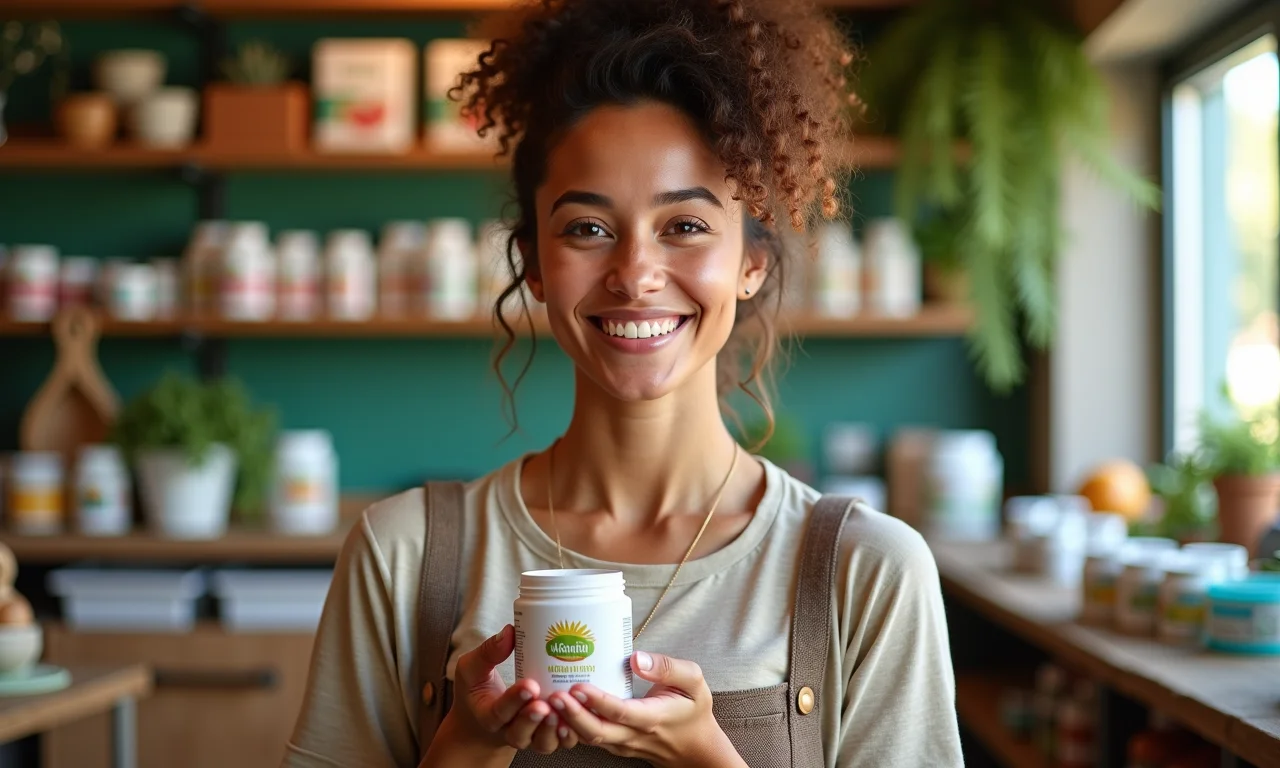 Mulher segurando suplementos minerais em loja.