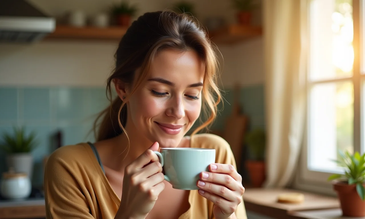 Mulher sorrindo bebendo chá de gengibre em uma cozinha ensolarada.