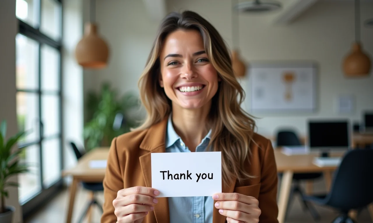 Mulher sorrindo com bilhete de agradecimento, representando honestidade.