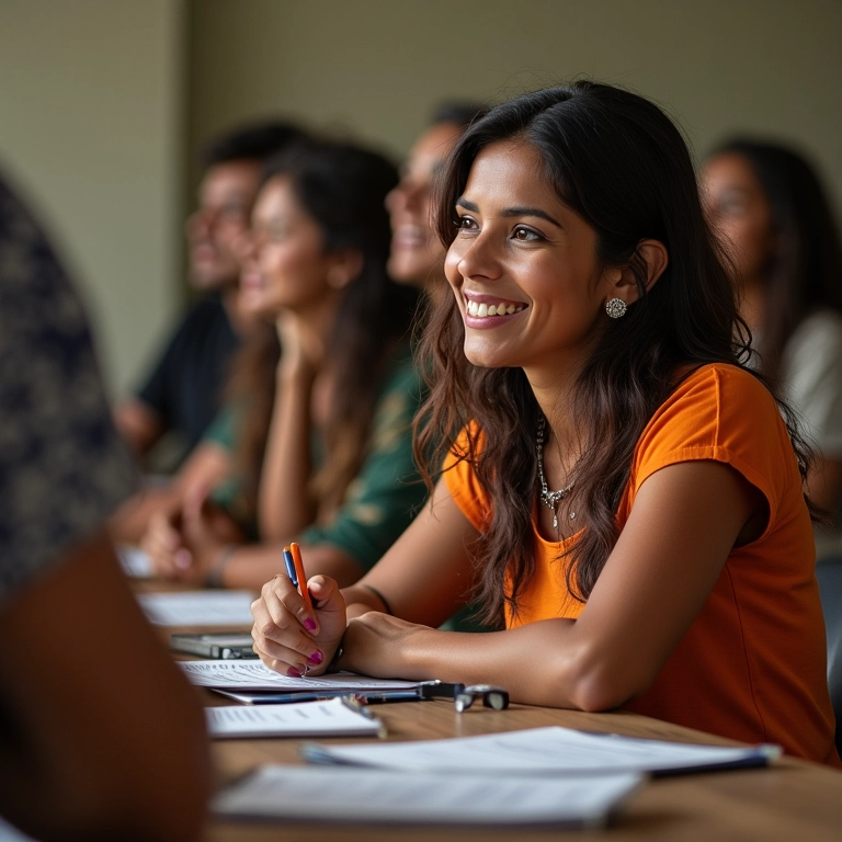 Mulher sorrindo e tomando notas durante dinâmica.