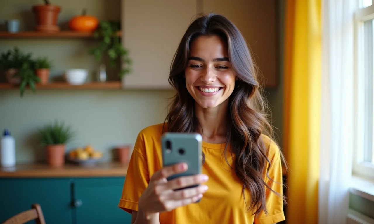 Mulher sorrindo em um apartamento vibrante usando o Tim Pré Top.