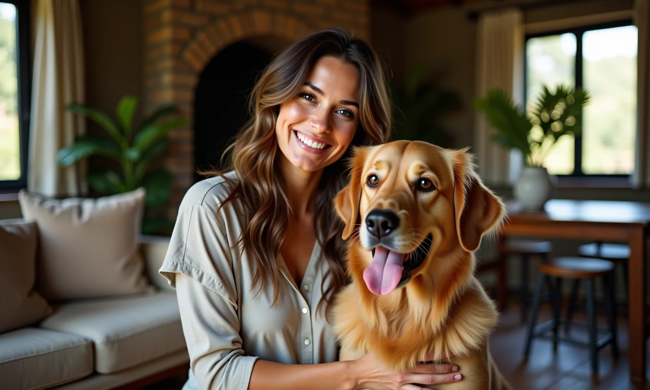 Mulher sorrindo enquanto acaricia um golden retriever em uma sala aconchegante.