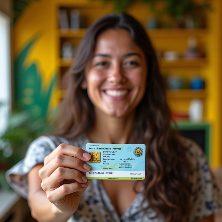 Mulher sorrindo mostrando documento de identidade para declaração do IR.
