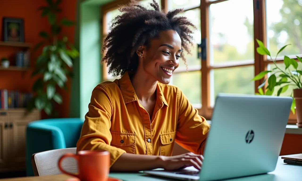 Mulher trabalhando em um notebook HP Spectre em um escritório em casa.