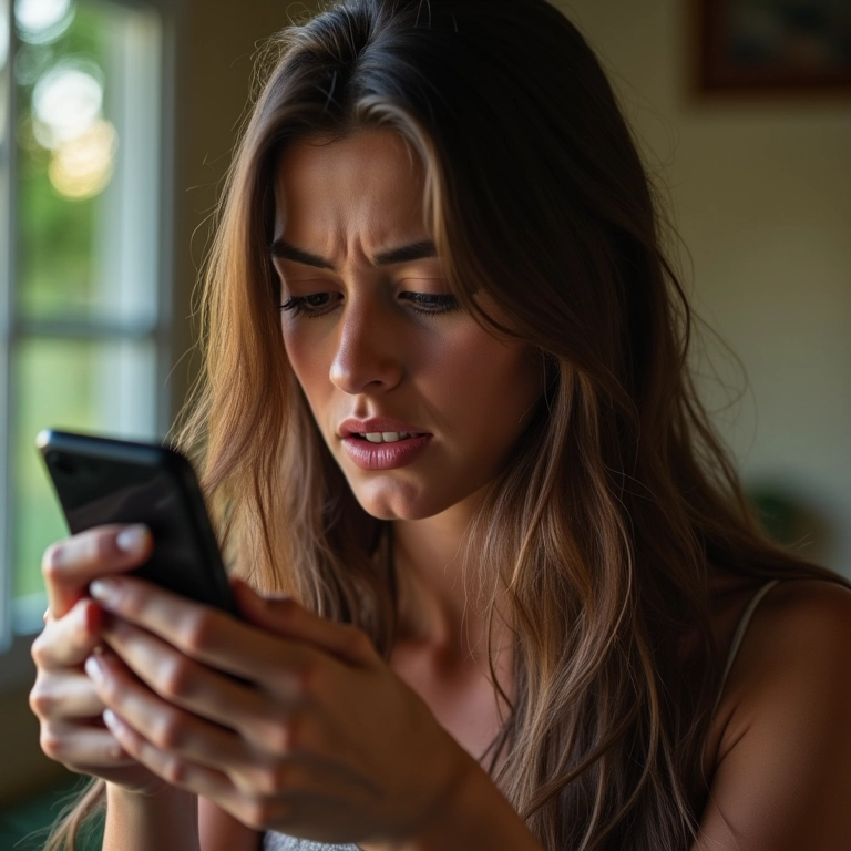 Mulher traída lendo mensagens no celular em casa.