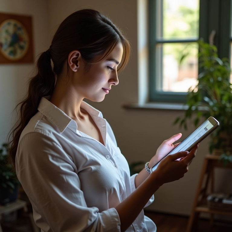 Mulher usando aplicativo de aprendizado de inglês personalizado com IA em tablet.
