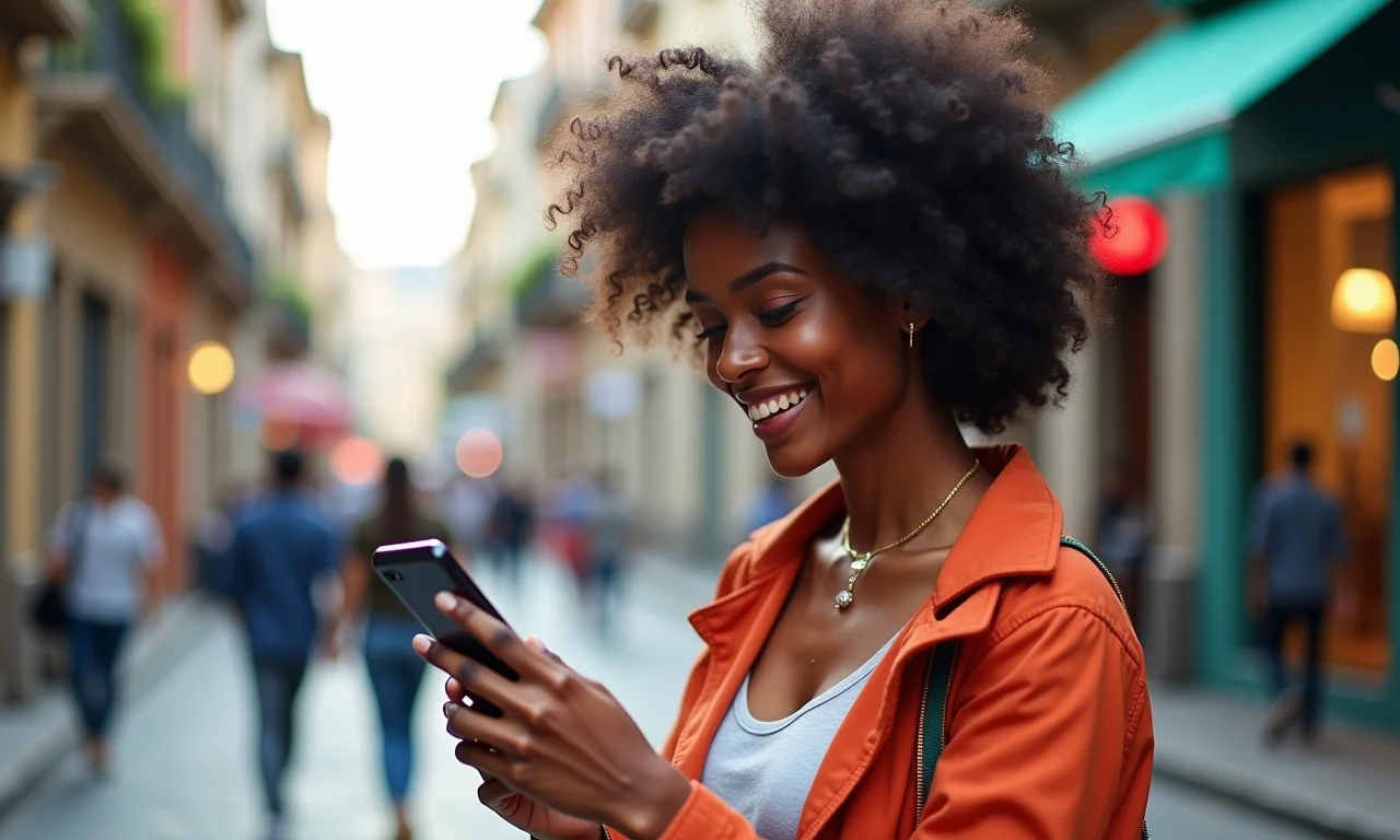 Mulher usando o plano Claro Móvel em uma paisagem urbana brasileira.