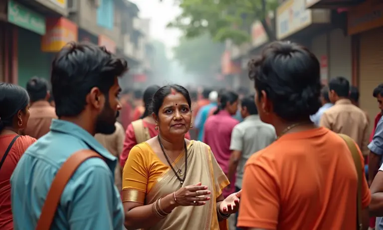 Multidão indiana diversa falando inglês em uma rua movimentada.