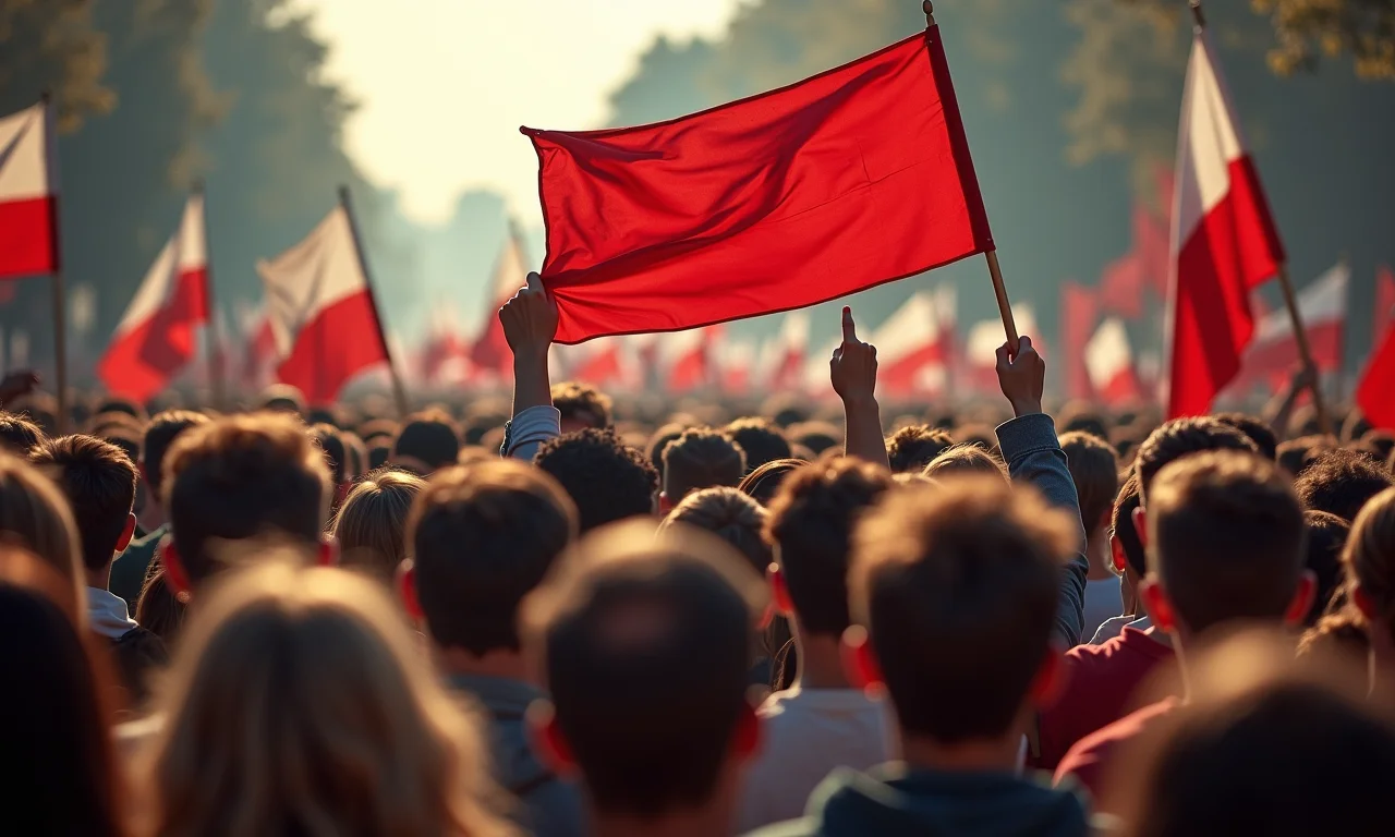 Multidão na Polônia nos anos 80, segurando uma grande bandeira do Solidariedade.