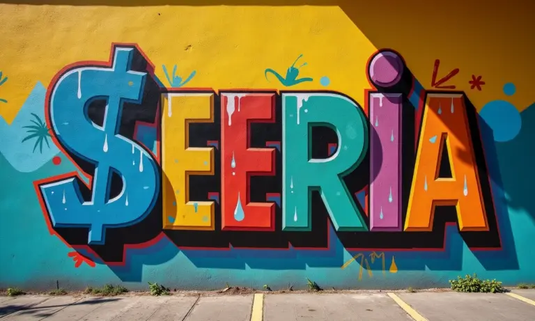 Mural de arte de rua brasileiro vibrante com diversos sinais gráficos.