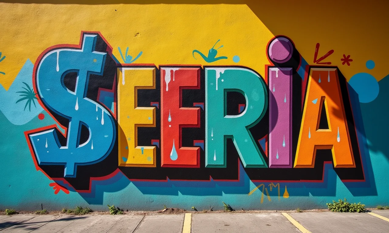 Mural de arte de rua brasileiro vibrante com diversos sinais gráficos.