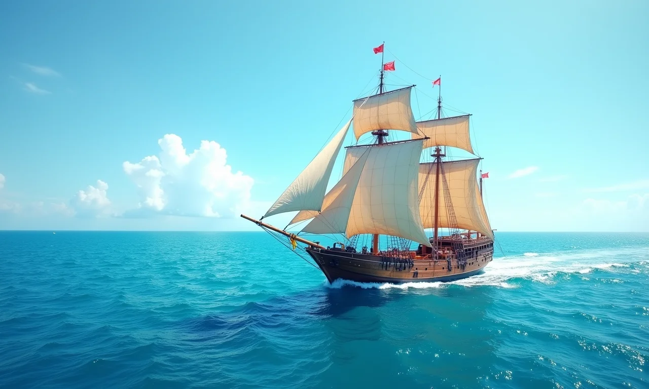 Navio mercante fenício navegando em um mar azul vibrante, ilustrando a disseminação do alfabeto através do comércio marítimo.