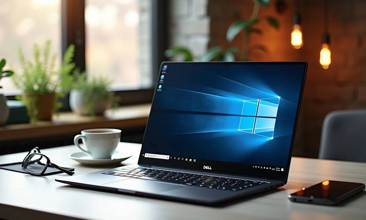 Notebook Dell XPS em uma mesa moderna com acessórios.