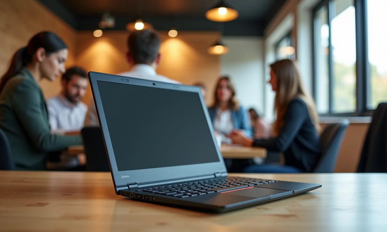 Notebook Lenovo ThinkPad em um espaço de co-working moderno.