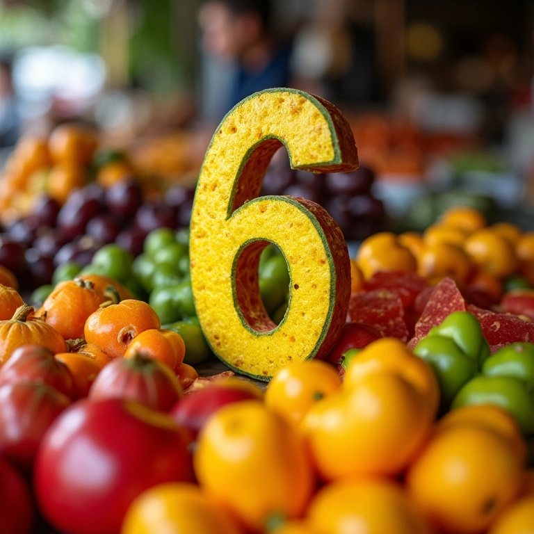Número 6 vibrante feito de frutas e doces brasileiros coloridos.
