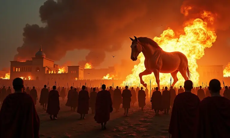 O Cavalo de Troia em chamas durante a invasão grega, com soldados emergindo.