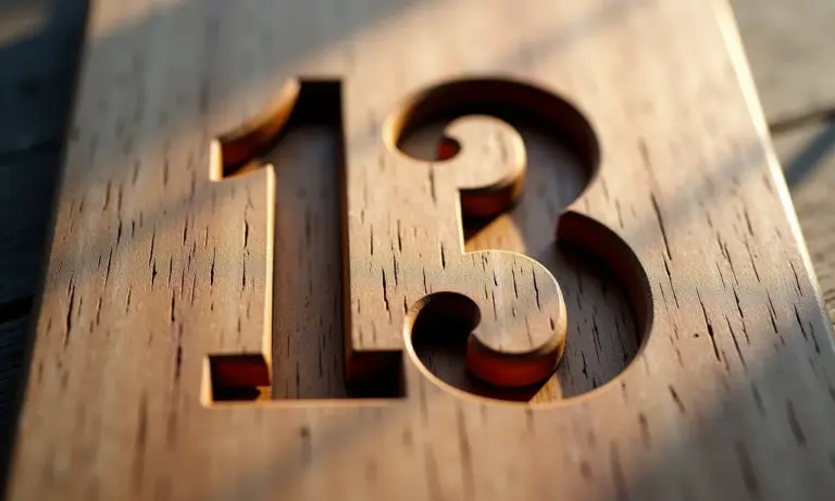 O número 13 esculpido em madeira com seus divisores (1 e 13) em destaque.