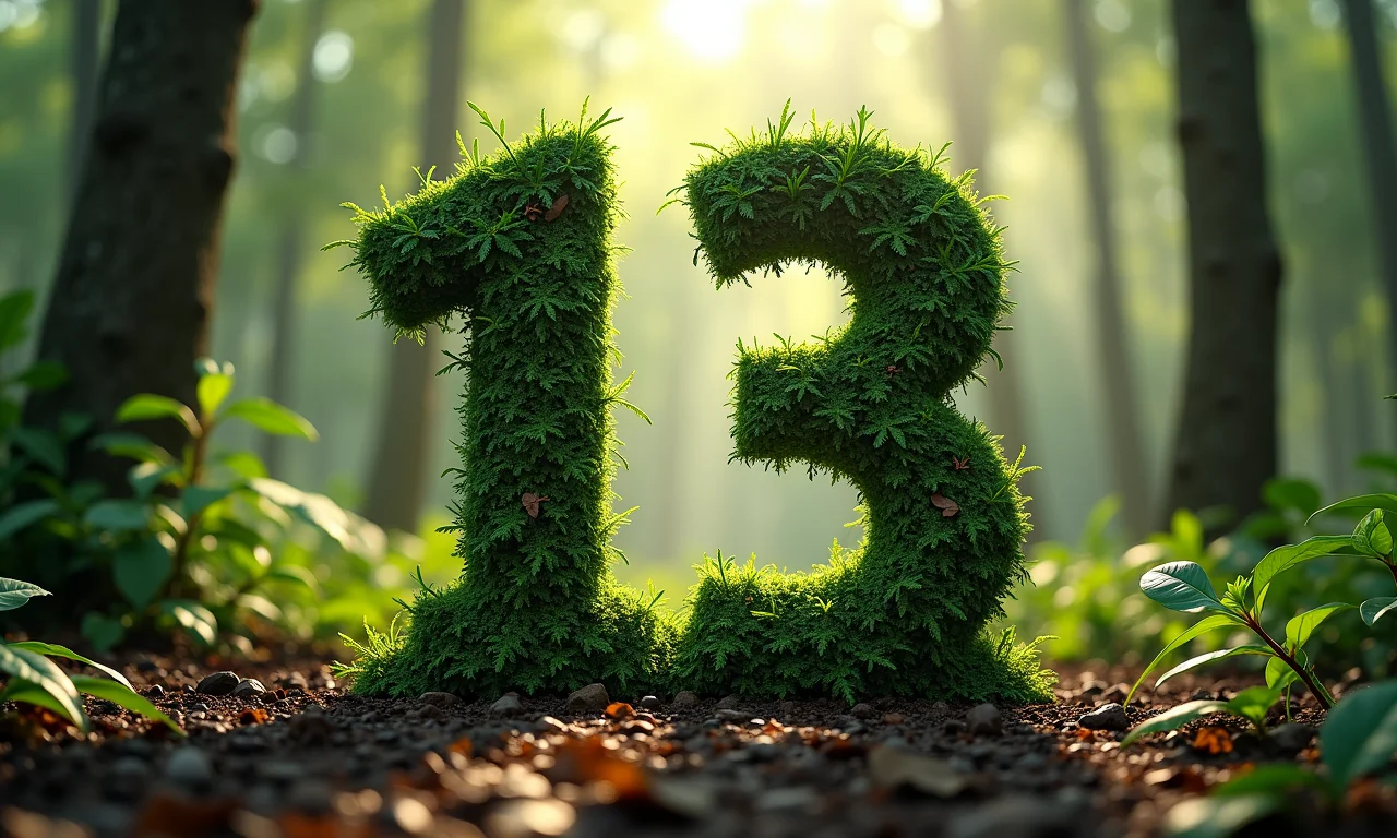O número 13 formado por elementos naturais em uma floresta exuberante.