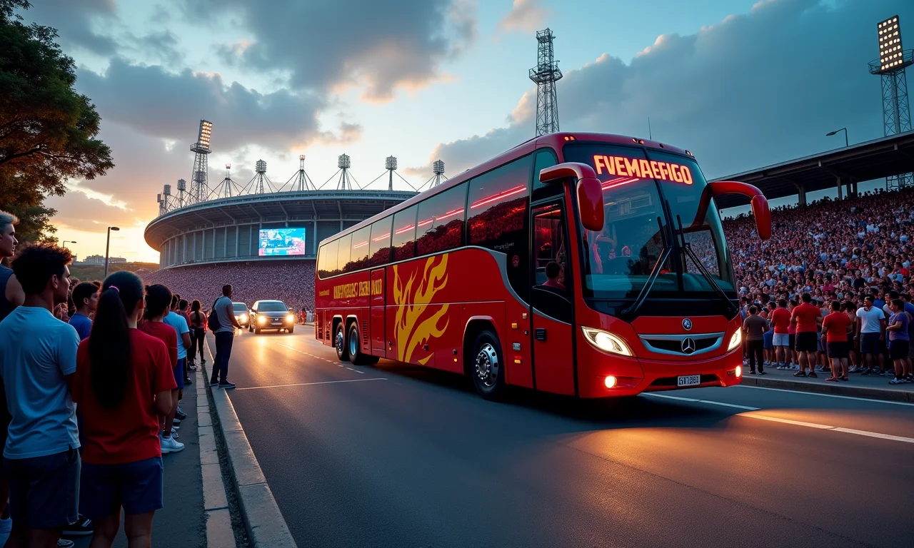 Ônibus do Flamengo chegando ao Maracanã.