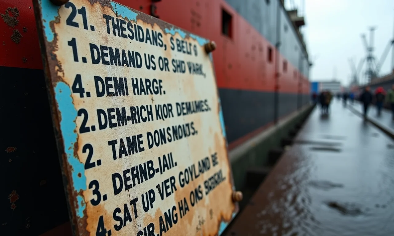 Os 21 pontos de Gdańsk escritos em um quadro em um estaleiro na Polônia.