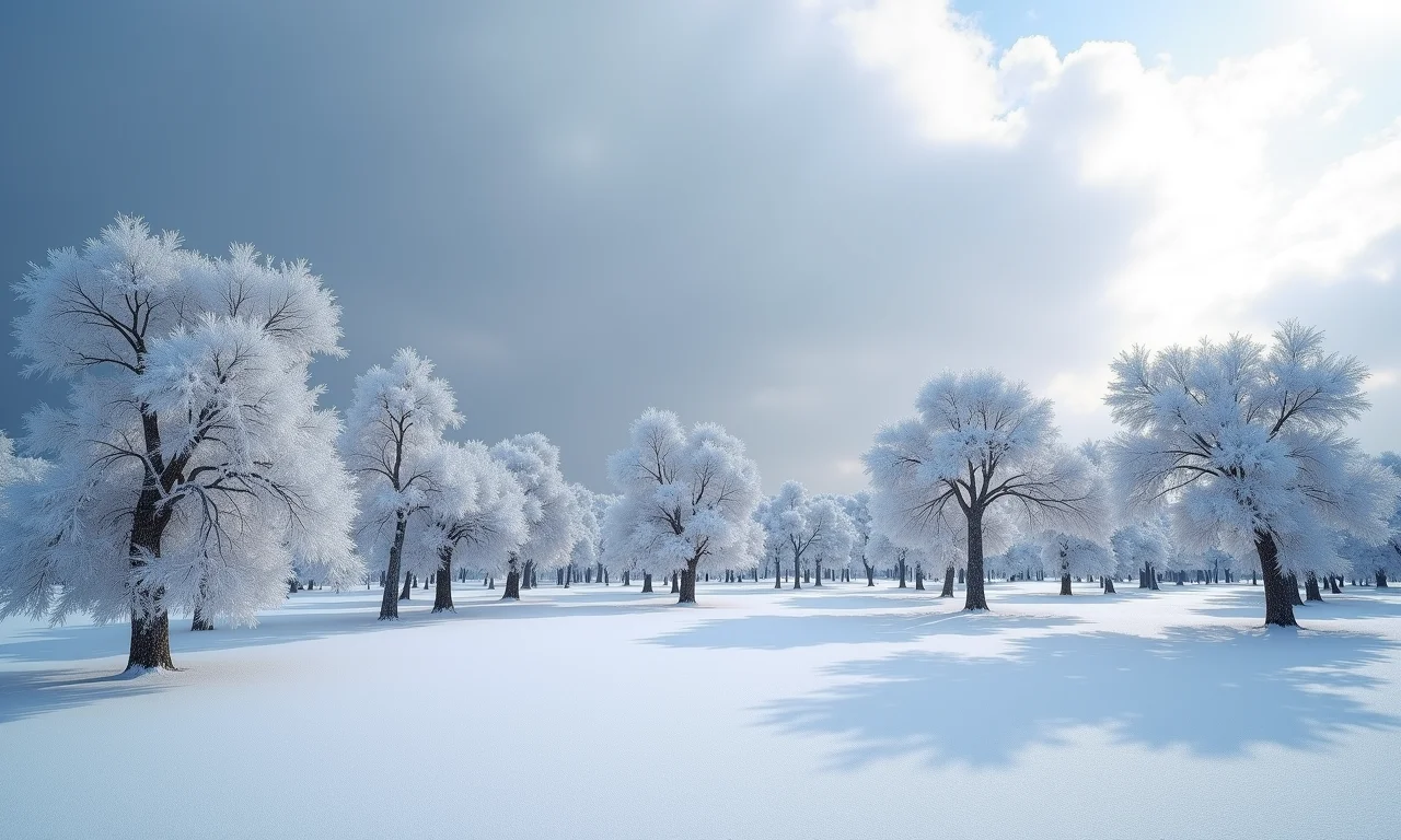 Paisagem coberta de neve no sul do Brasil com araucárias e geada no chão.