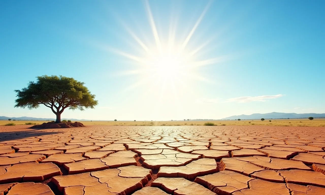Paisagem da savana brasileira na estação seca, com terra rachada e árvore solitária.