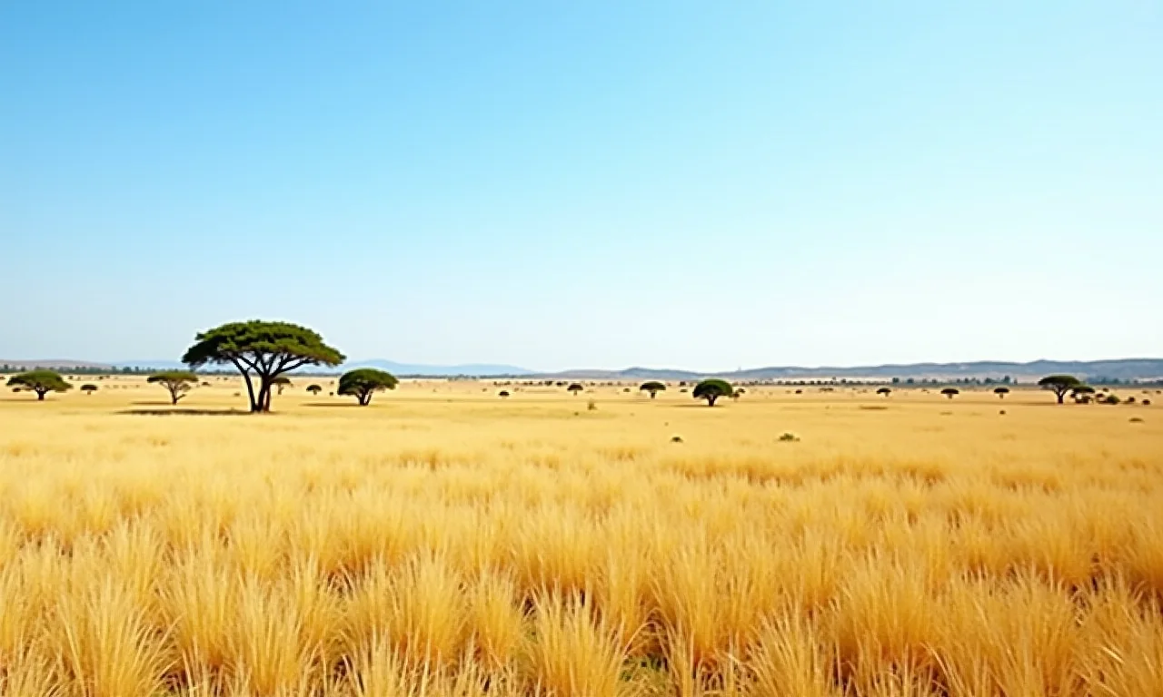 Paisagem do Cerrado brasileiro, campos dourados e árvores esparsas.