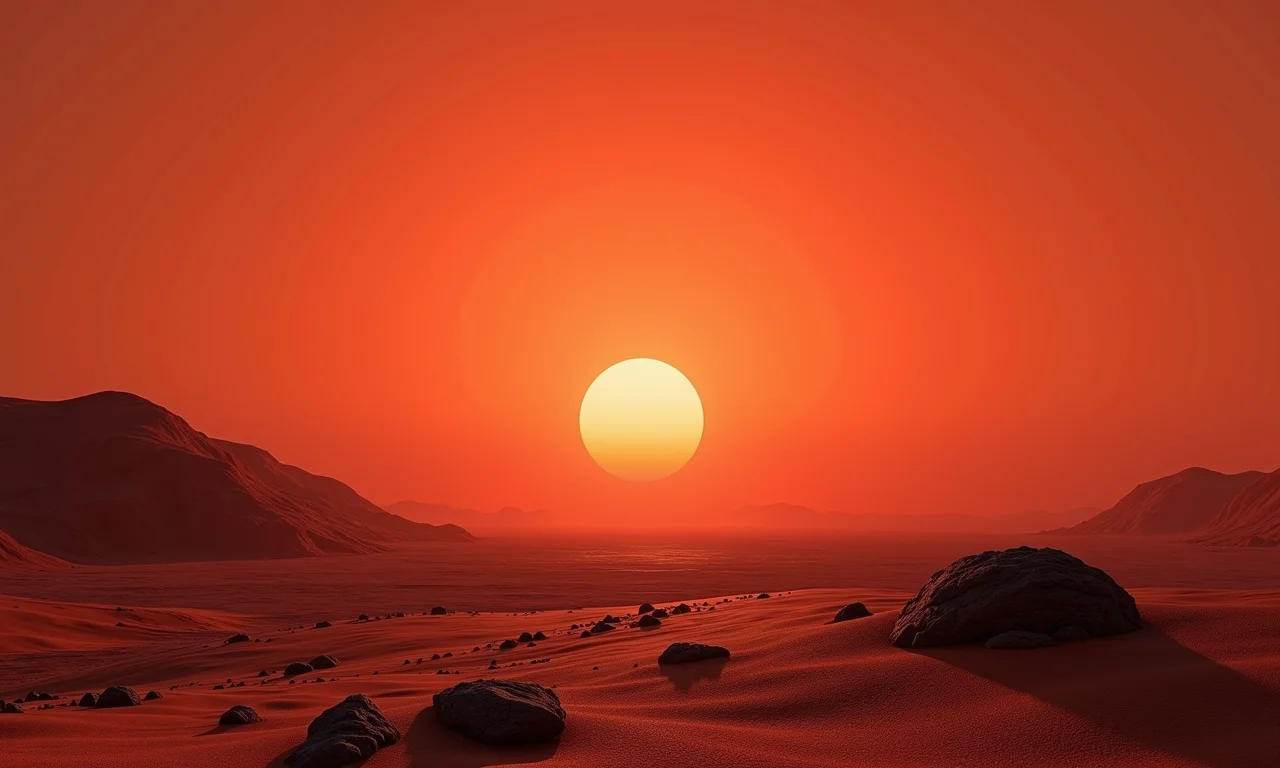 Paisagem marciana com céu avermelhado, simulação da dispersão de Rayleigh em Marte.