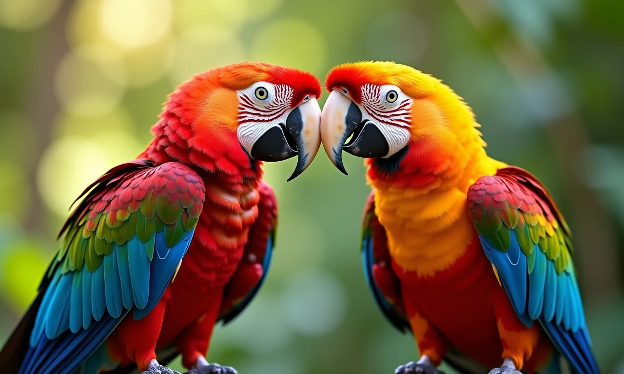 Papagaios coloridos representando a combinação divertida e criativa de Gêmeos e Leão.