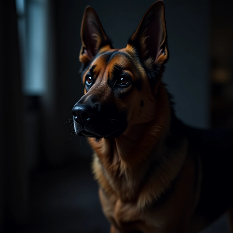 Pastor Alemão em ambiente com pouca luz, visão noturna.