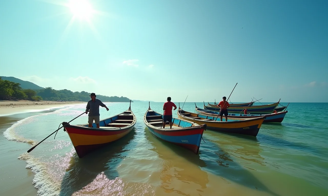 Pescadores brasileiros na costa, ilustrando impacto da geografia nas atividades econômicas.