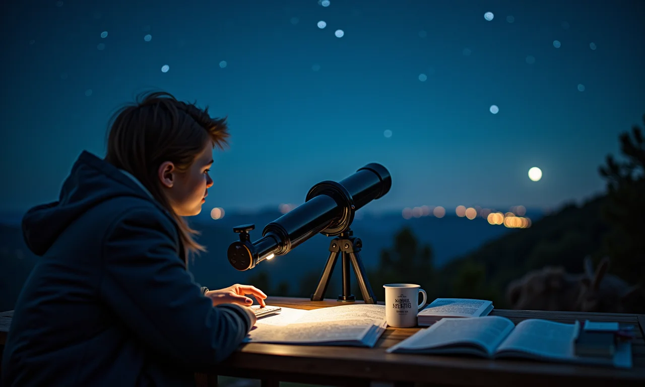 Pessoa aprendendo a navegar pelas estrelas com um telescópio e materiais de estudo.