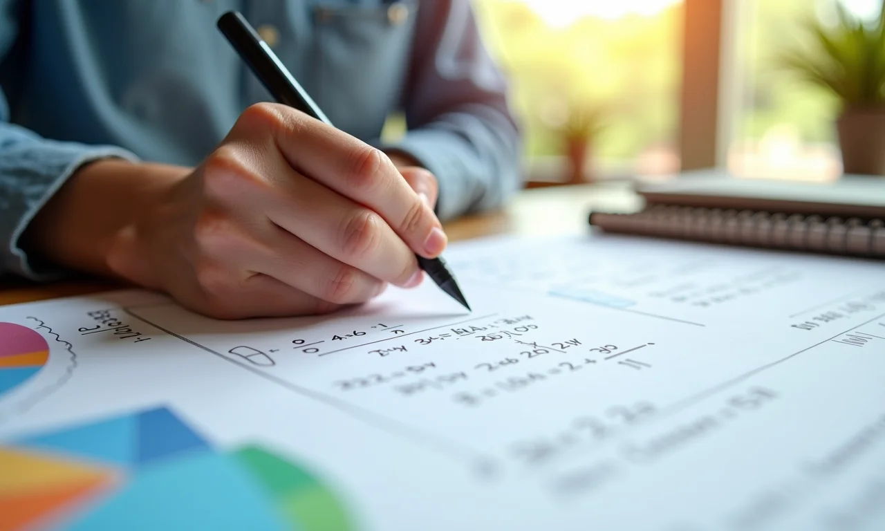 Pessoa escrevendo regras de potenciação em um papel colorido.