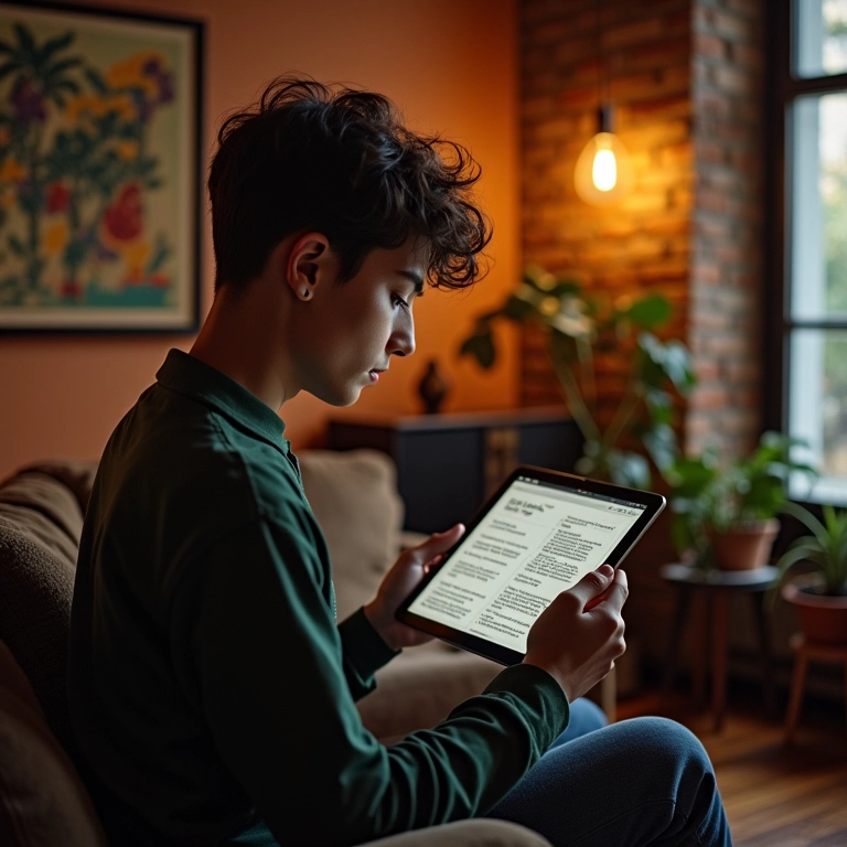 Pessoa estudando radicais latinos em tablet em um escritório aconchegante com arte brasileira.