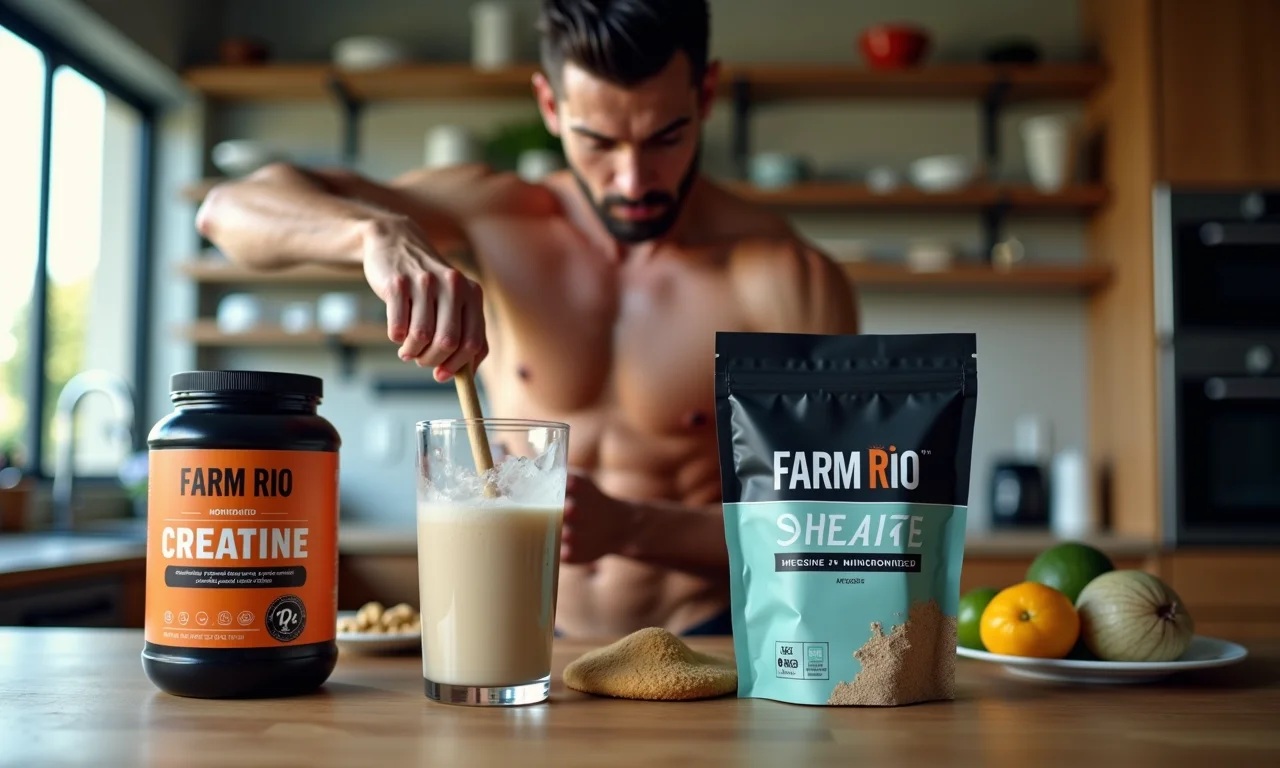 Pessoa preparando shake de creatina com diferentes tipos.