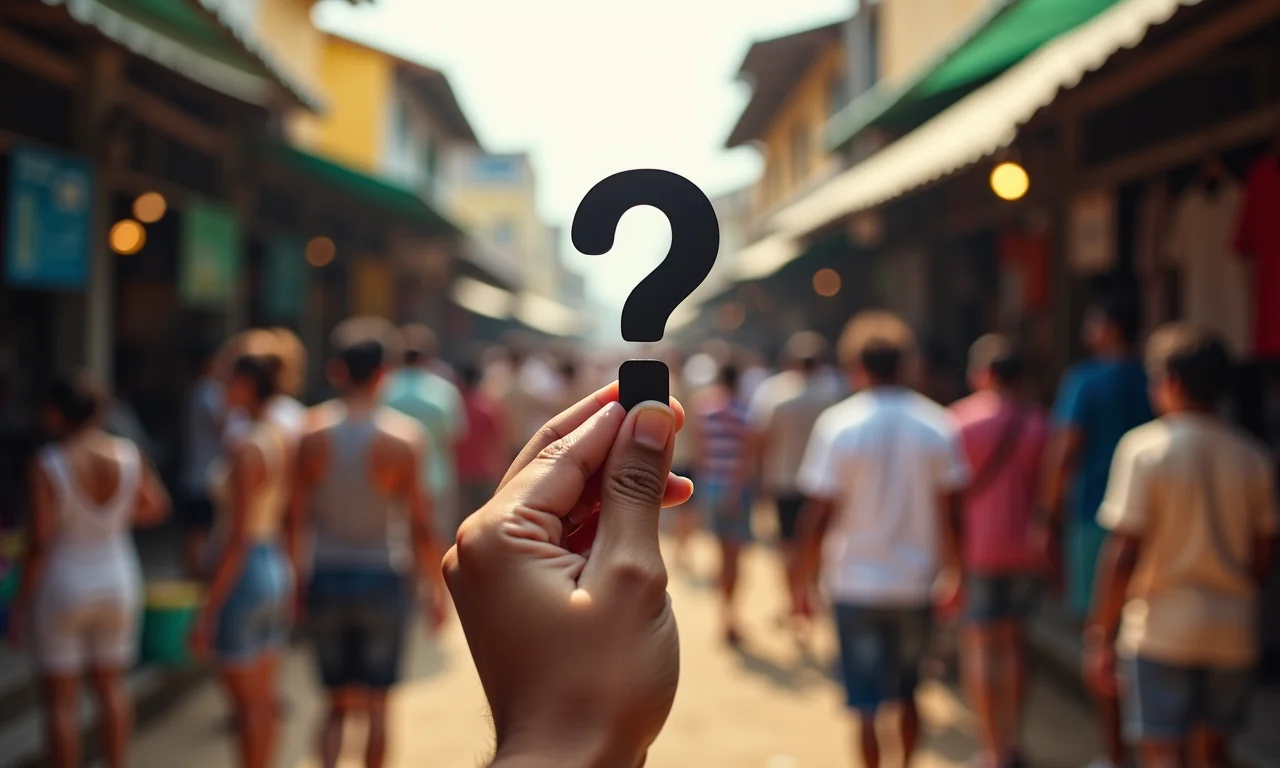 Pessoa segurando um ponto de interrogação em mercado, representando 'alguém' desconhecido.