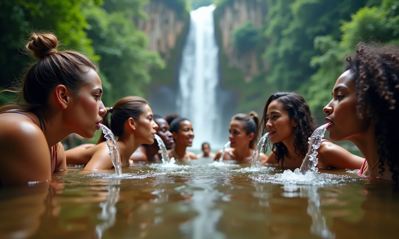 Pessoas bebendo água fresca perto de cachoeira, representando a importância da água.