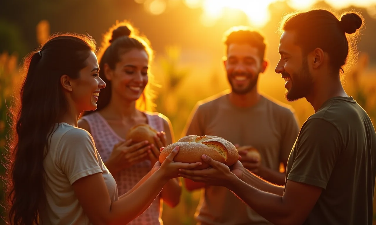 Pessoas diversas compartilhando pão à luz dourada, simbolizando os frutos do Espírito Santo.