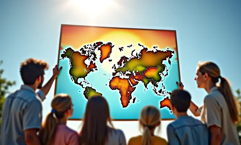 Pessoas diversas olhando mapa-múndi colorido e ensolarado, discutindo climas.