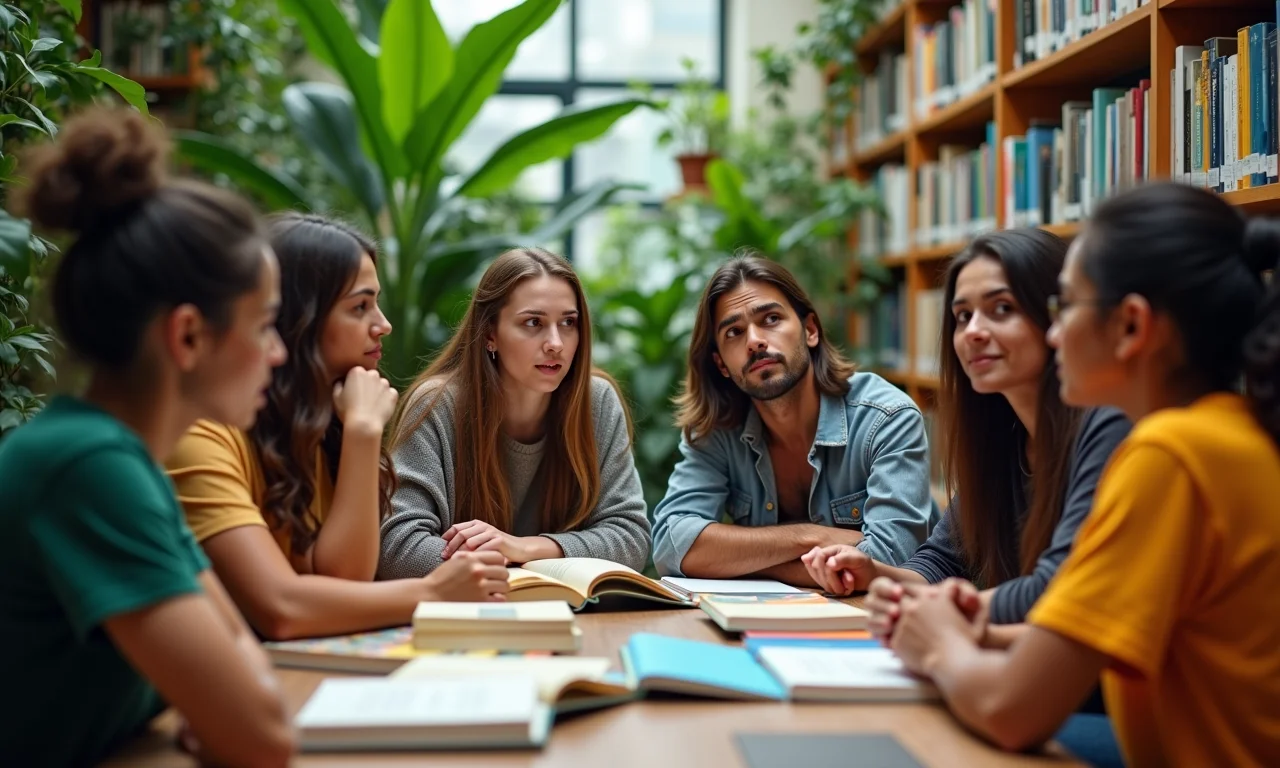 Pessoas diversas reunidas em biblioteca colorida, representando a descoberta de novas palavras.