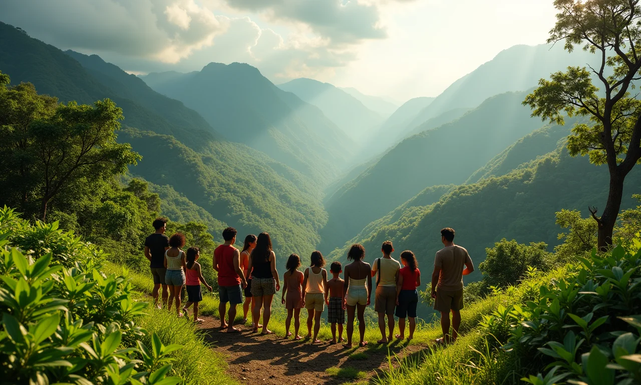 Pessoas interagindo em paisagem brasileira, mostrando influência do clima e geografia na cultura.