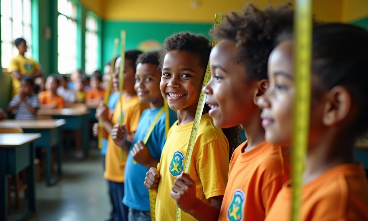 Pessoas medindo alturas, comparando adjetivos em escola colorida no Rio.