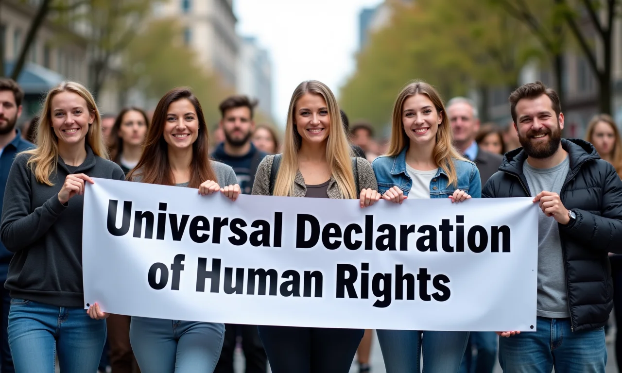 Pessoas segurando banner da Declaração Universal dos Direitos Humanos em ambiente urbano.