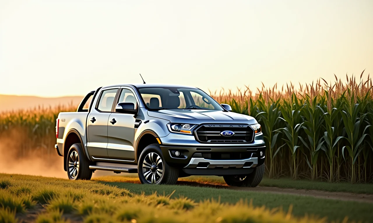 Picape moderna em fazenda com plantação de milho ao fundo.