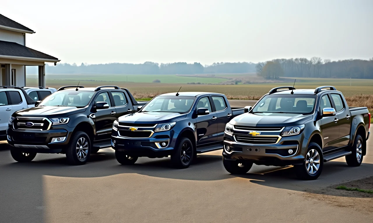 Picapes médias e grandes estacionadas em concessionária.