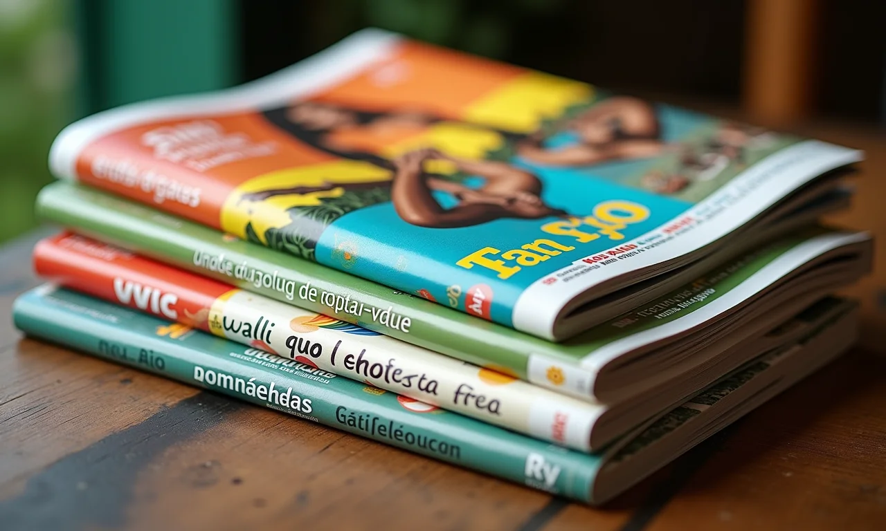 Pilha de revistas brasileiras coloridas com asteriscos em destaque.