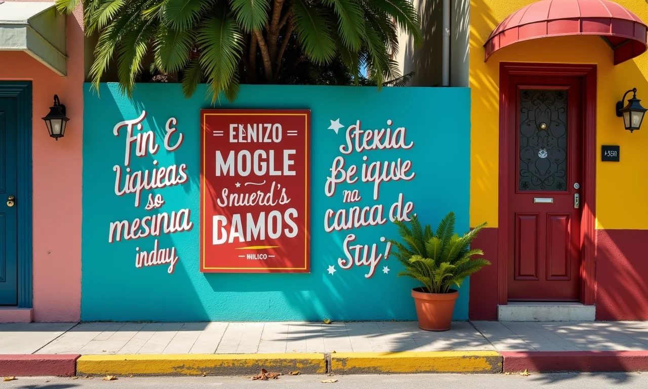Placas bilíngues em bairro vibrante de Miami com arte de rua.
