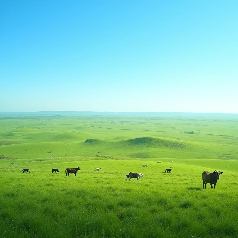 Planícies verdejantes com gado pastando sob céu azul.